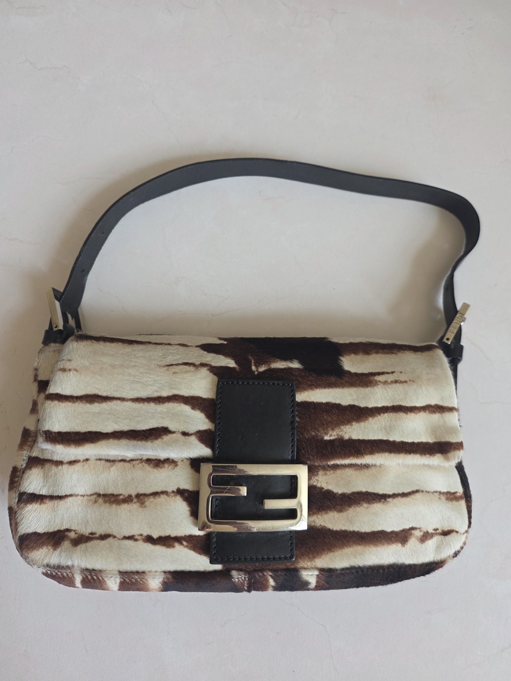 Fendi Brown & Cream Zebra Print Ponyhair Baguette Shoulder Bag
